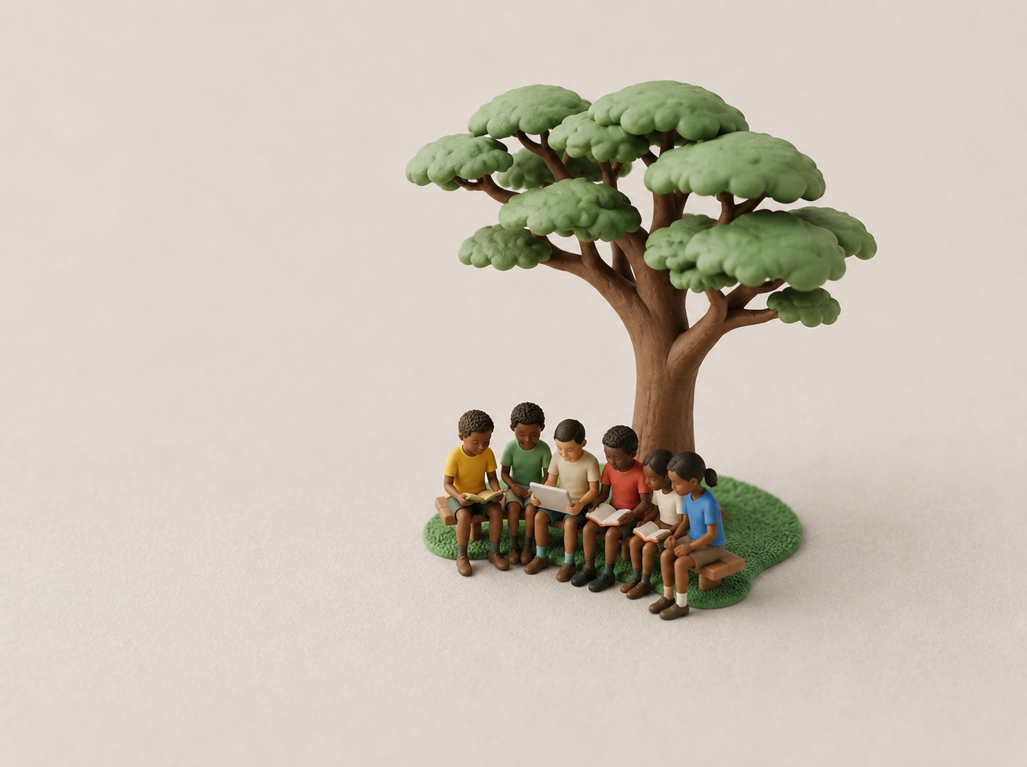 Miniature students learning around a glowing book beneath a stylised knowledge tree: giving back through the Good Work Foundation.