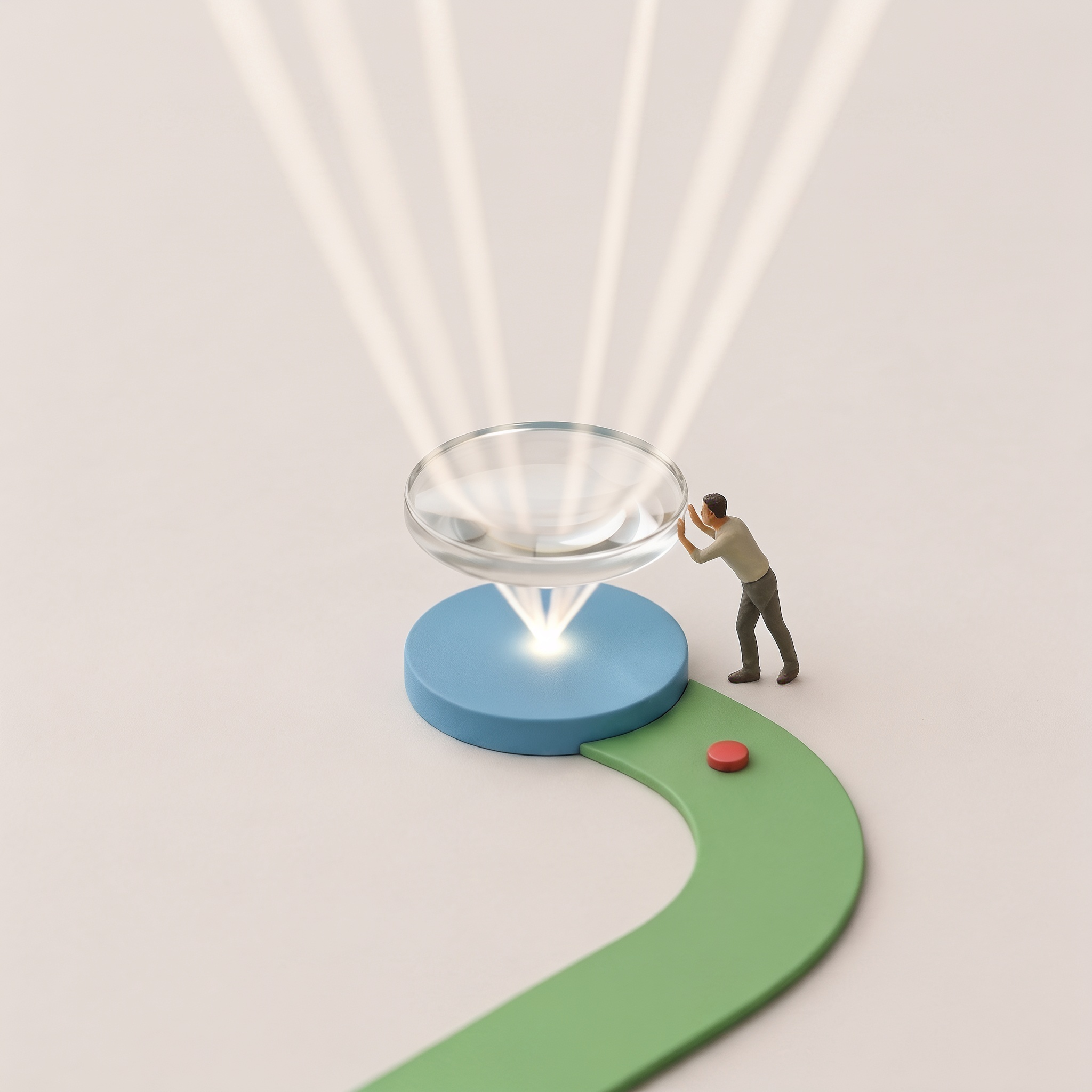A miniature figure holding a large lens with both hands, focusing scattered light into a single point: the light and the lens.