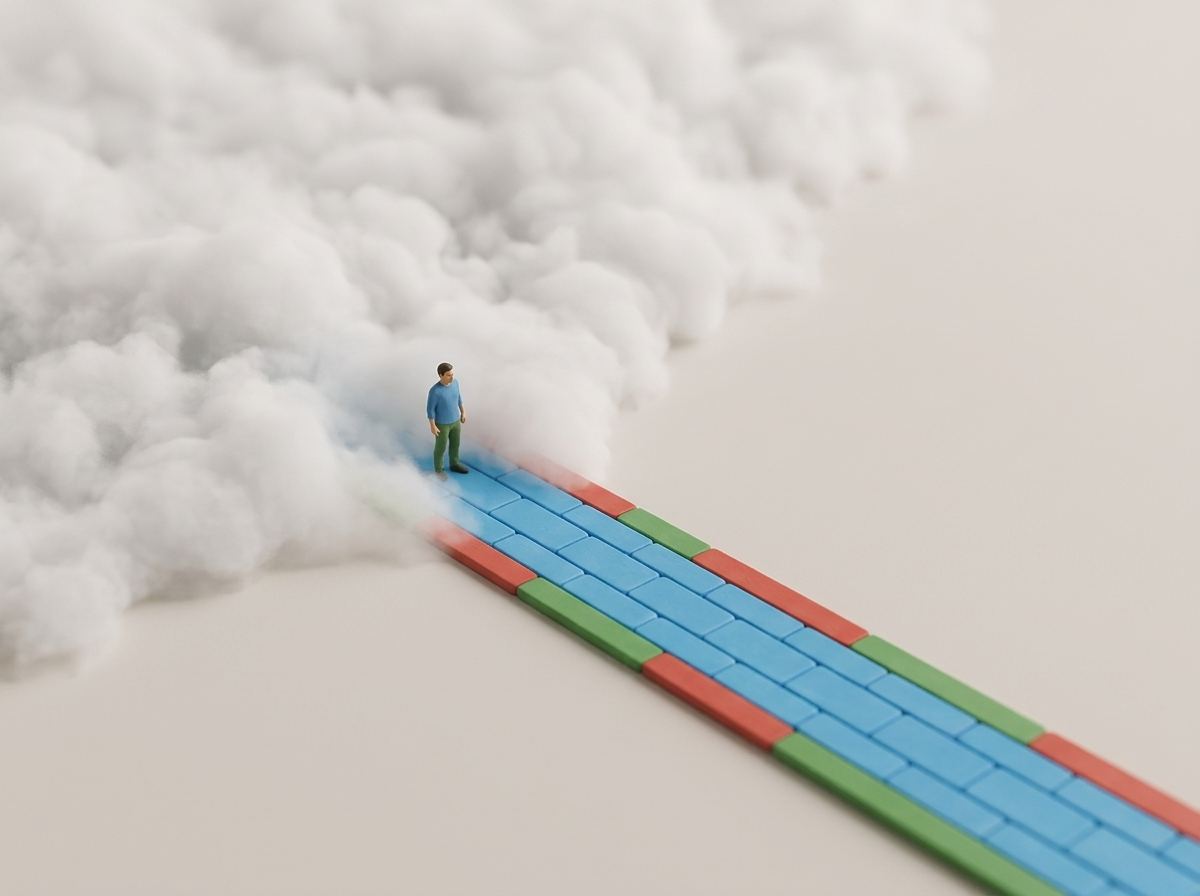 A miniature figure at the edge of fog with a path emerging towards clear ground: uncertainty before progress.