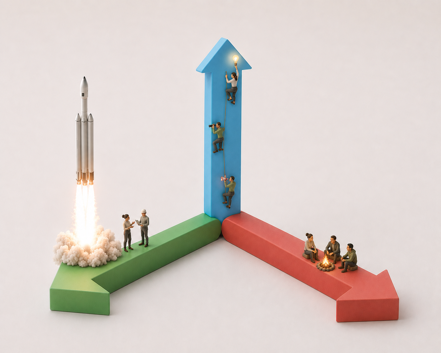 Three arrows — a rocket launching, a figure climbing toward a light bulb, and a team around a fire — representing Different, Better, Together.